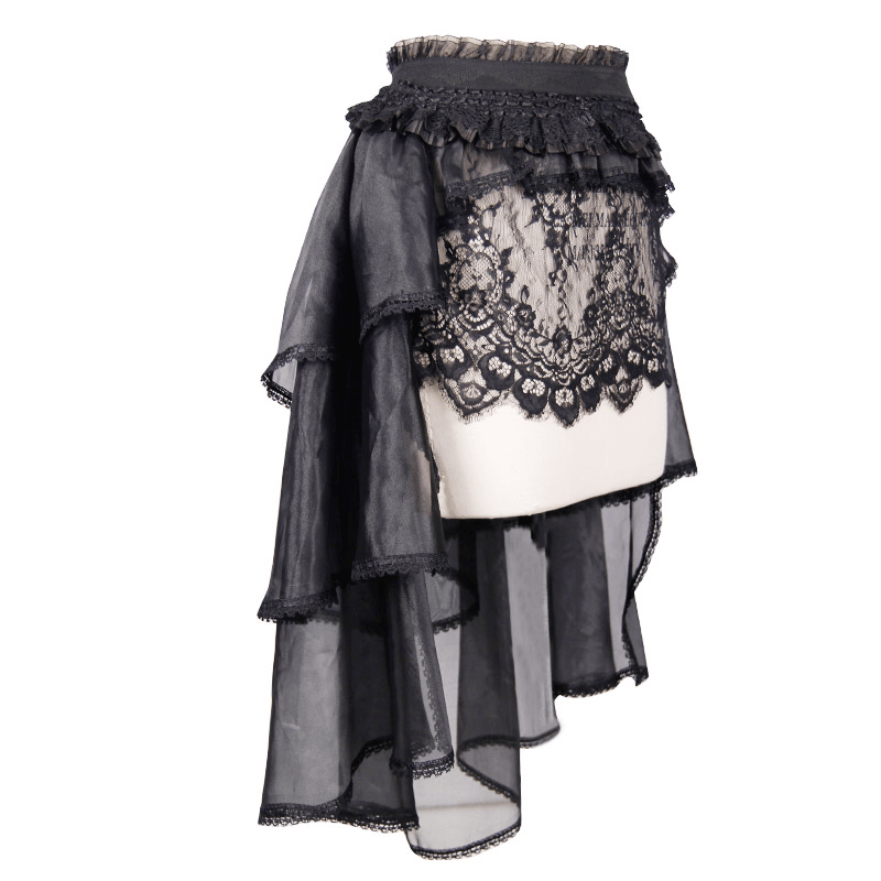 Gothic lace asymmetrical skirt with elastic waist, stylish punk clothing for women, black layered lace design.