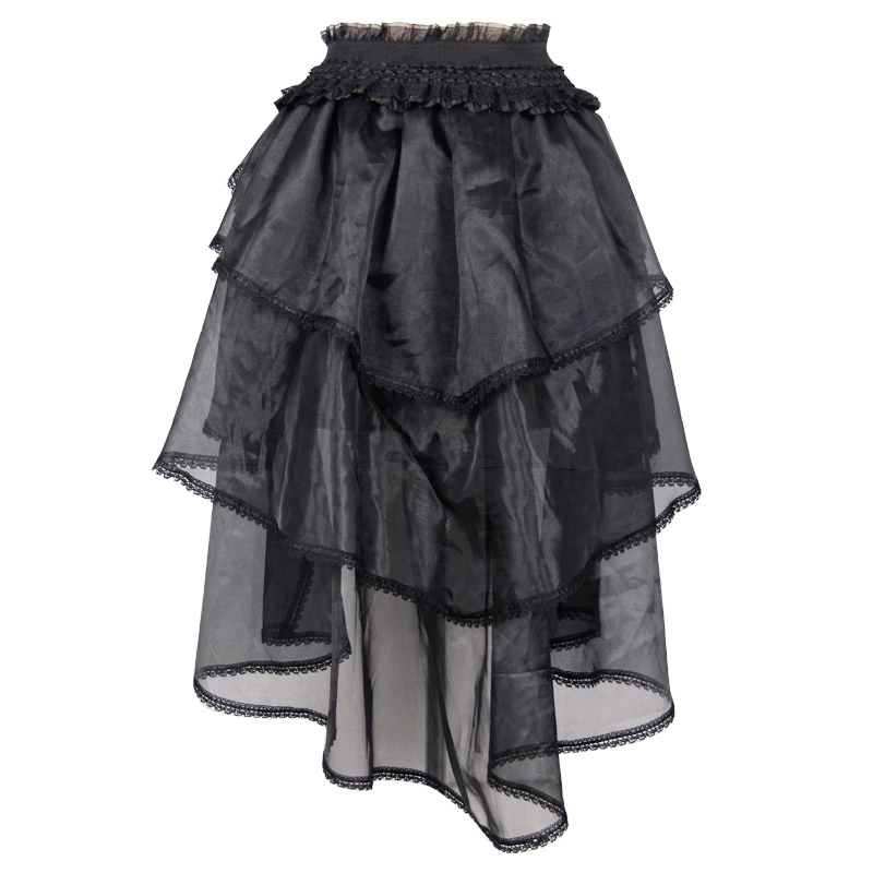 Gothic lace asymmetrical skirt with elastic waist, layered design for edgy punk fashion, elegant black women's skirt