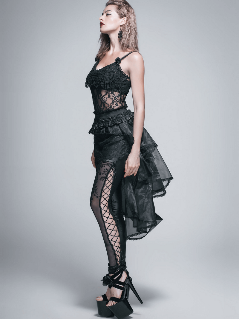 Stylish woman in a Gothic lace asymmetrical skirt and top, showcasing punk fashion with edgy elegance.