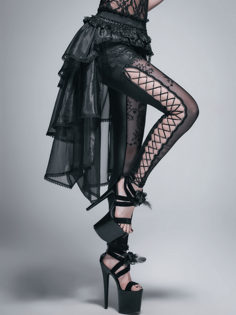Gothic lace asymmetrical skirt with elastic waist, paired with edgy high-heeled shoes and stylish patterned tights.