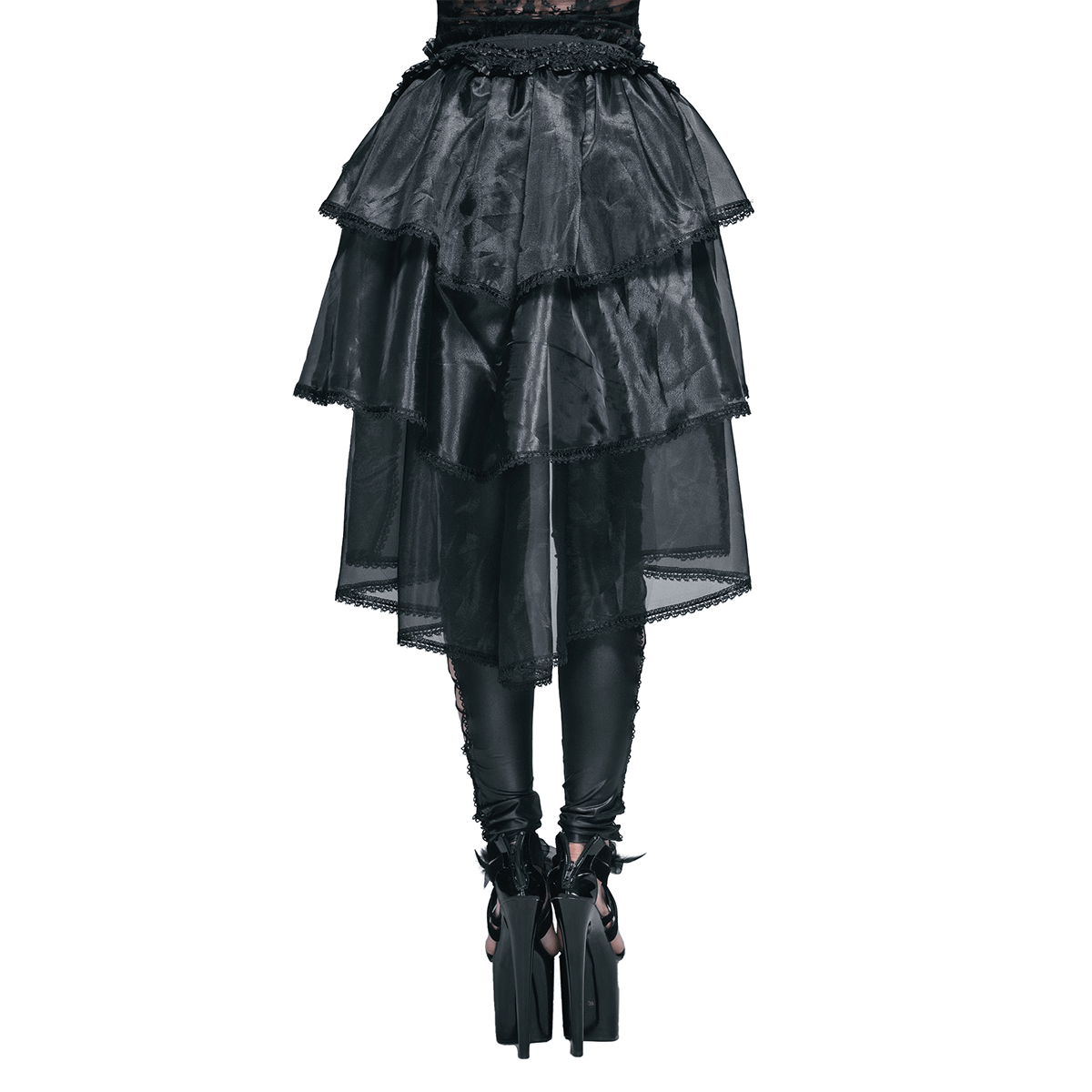 Back view of a women's gothic lace asymmetrical skirt with layered design and elastic waist, styled for punk fashion.