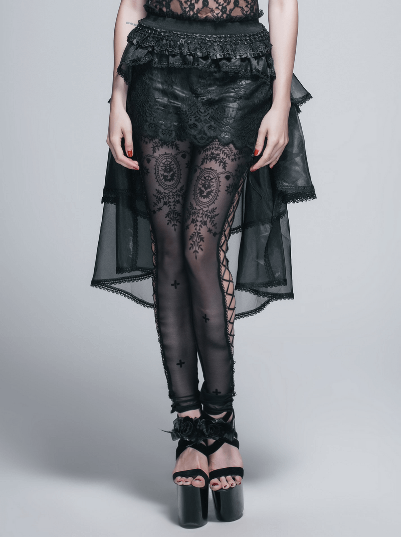 Fashionable gothic lace asymmetrical skirt with black lace details, perfect for punk-style outfits.