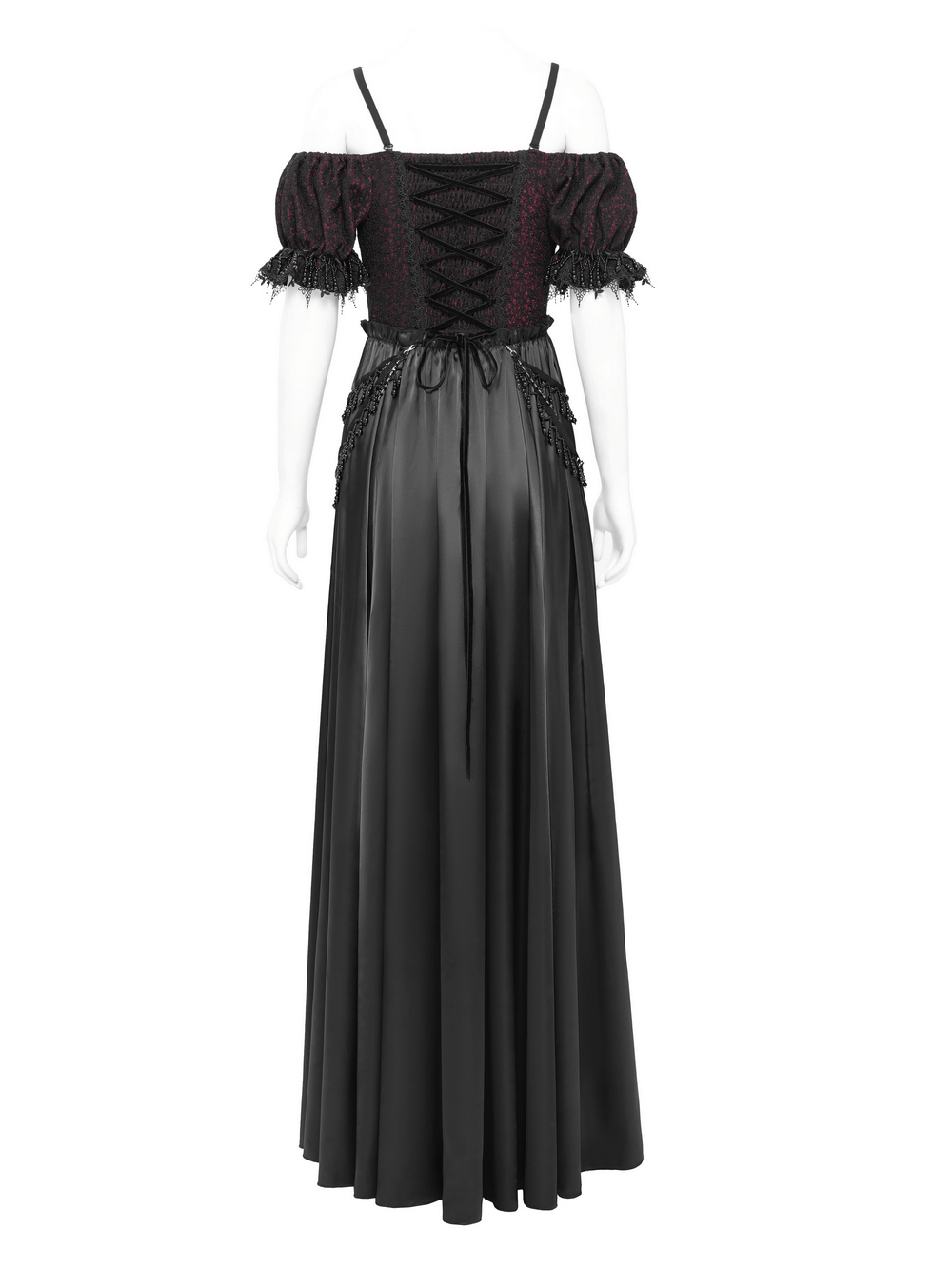 Gothic lace-back maxi dress with chain detail and lacing, showcasing stunning back design and flowing silhouette.