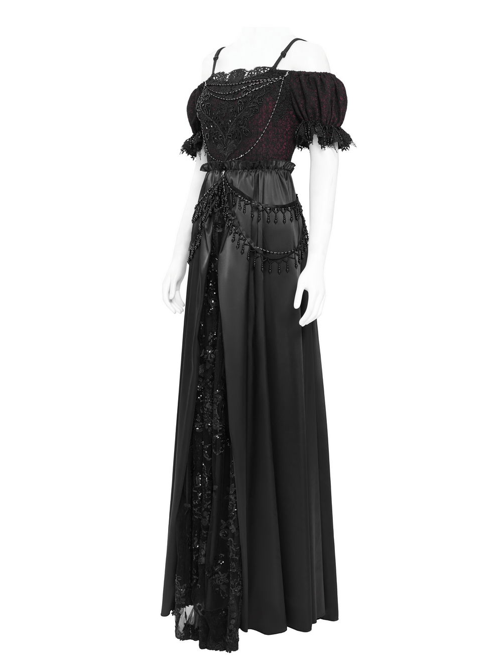 Gothic lace-back maxi dress featuring chain detail, lacing, and stunning black lace accents for a dramatic look.