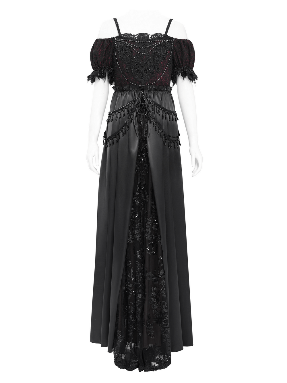 Gothic lace-back maxi dress featuring chain detail and lacing, perfect for a dramatic night out.