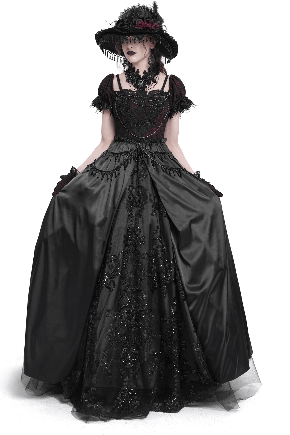 Gothic lace-back maxi dress with chain detail, featuring elegant lacing and intricate embellishments.