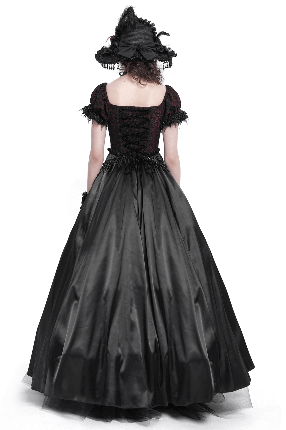 Gothic lace-back maxi dress with chain detail, featuring elegant black satin and stylish lacing on the back.