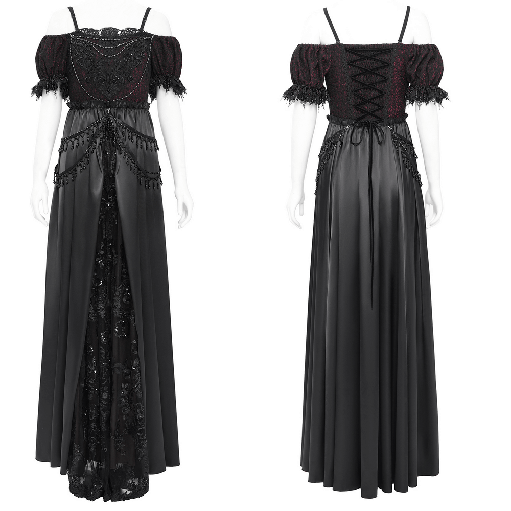 Gothic lace-back maxi dress showcasing chain detail and lacing, perfect for chic evening events.