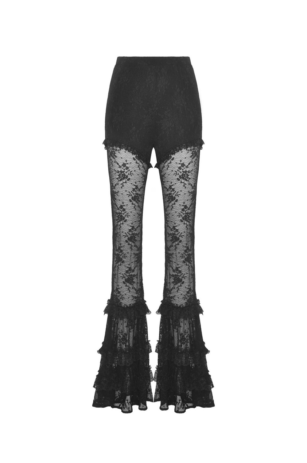 Gothic Lace Bell Bottoms with dramatic flare and intricate lace detailing, perfect for edgy elegance.