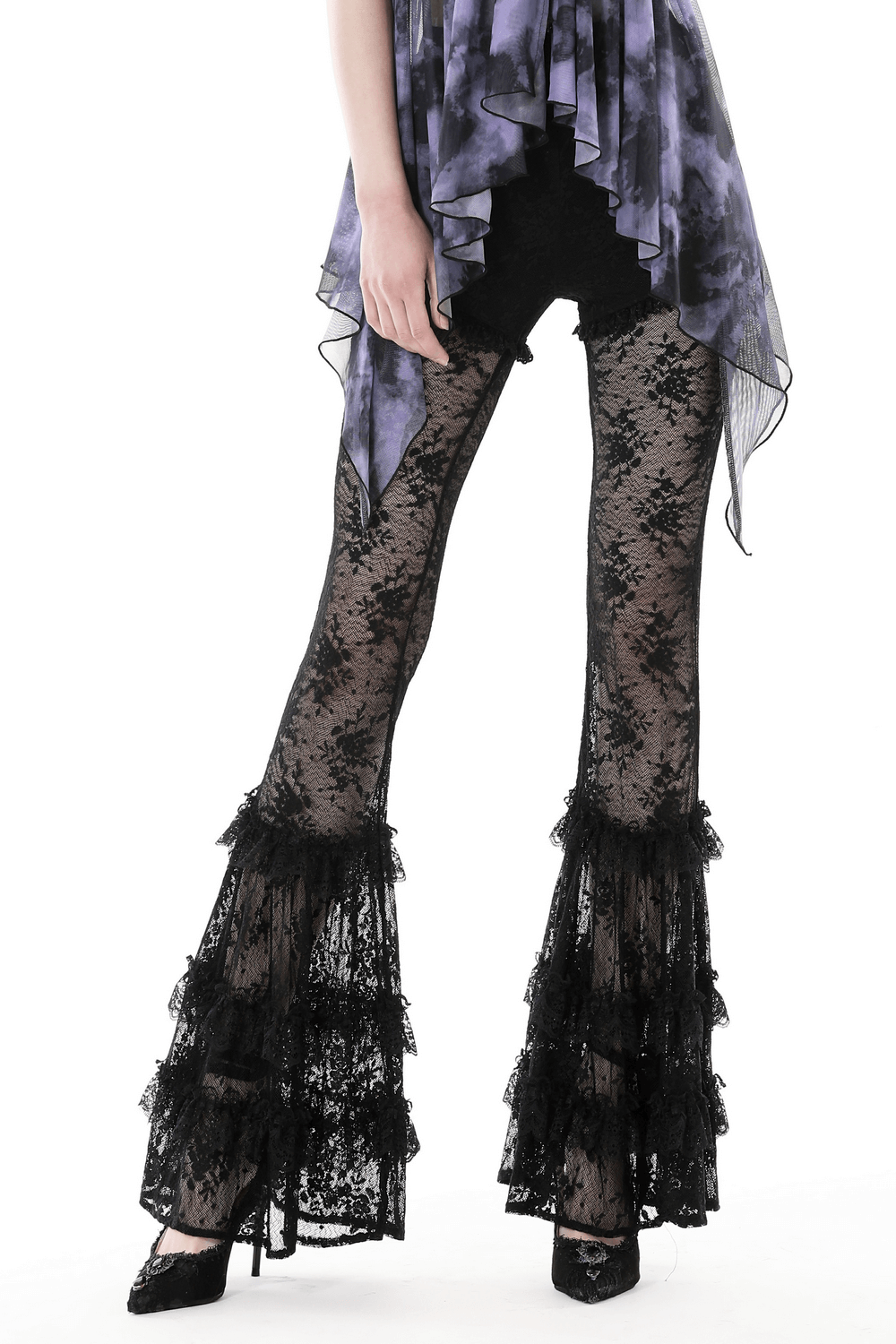 Elegant Gothic Lace Bell Bottoms with dramatic flare, perfect for stylish gothic outfits.