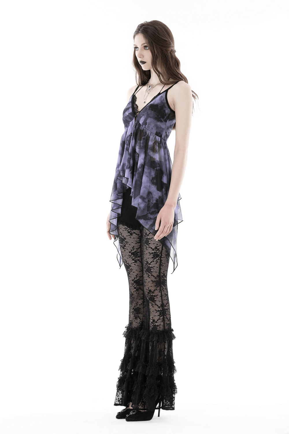 Model wearing Gothic Lace Bell Bottoms and a stylish top, showcasing elegant gothic fashion.