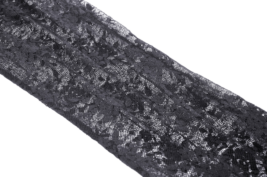 Elegant black gothic lace fabric showcasing intricate detailing for stylish flare pants.