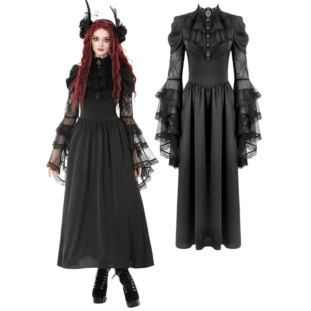 Gothic Lace Bell-Sleeve Black Dress with Corset Back featuring ruffled sleeves and high-neck collar.