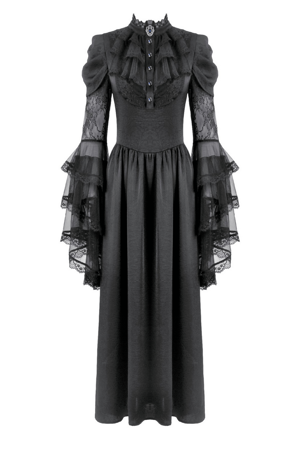 Gothic Lace Bell-Sleeve Black Dress with Corset Back featuring ruffled lace design and high-neck collar.