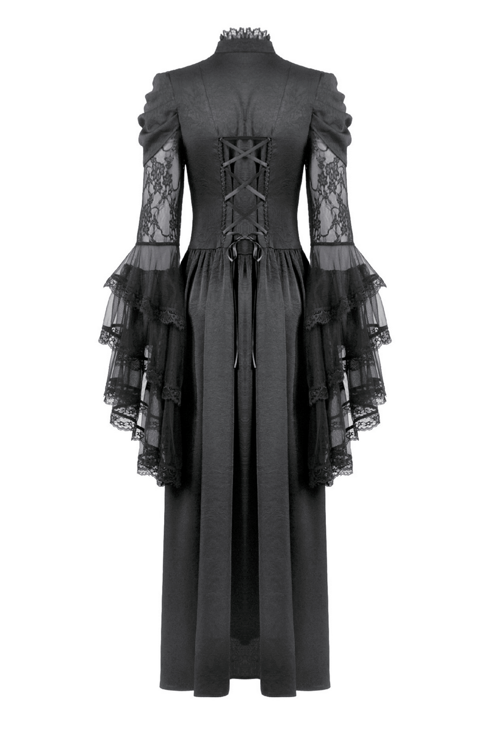 Gothic Lace Bell-Sleeve Black Dress with Corset Back featuring ruffle lace sleeves and a high-neck collar.