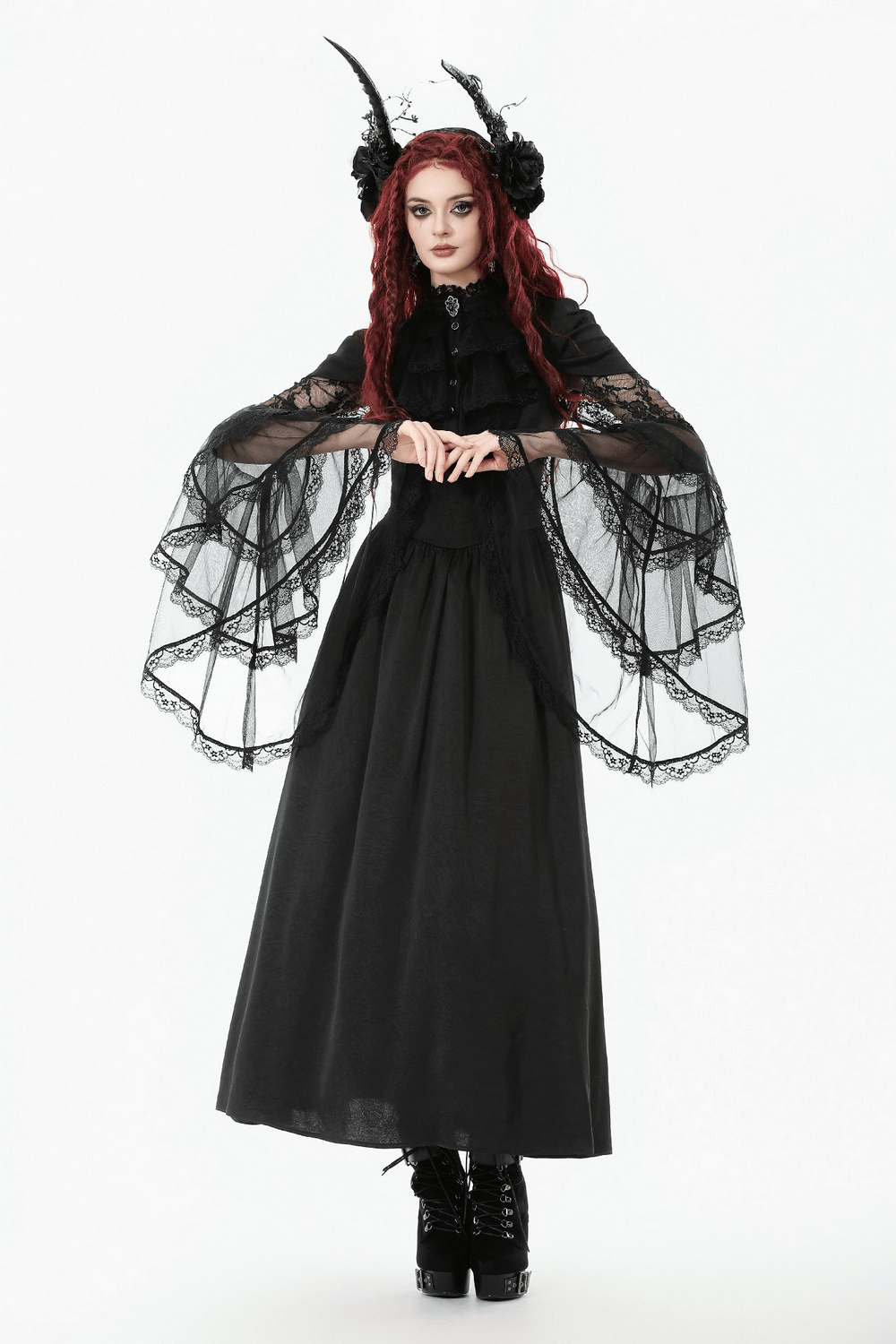 Gothic Lace Bell-Sleeve Black Dress with Corset Back worn by a model with red hair and dramatic accessories.