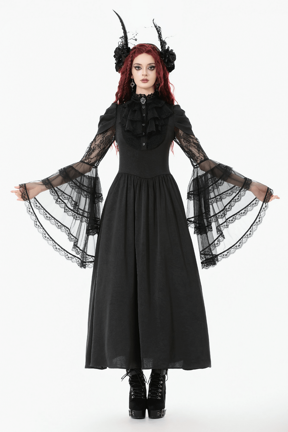 Gothic Lace Bell-Sleeve Black Dress with Corset Back worn by model with dramatic styling and accessories.