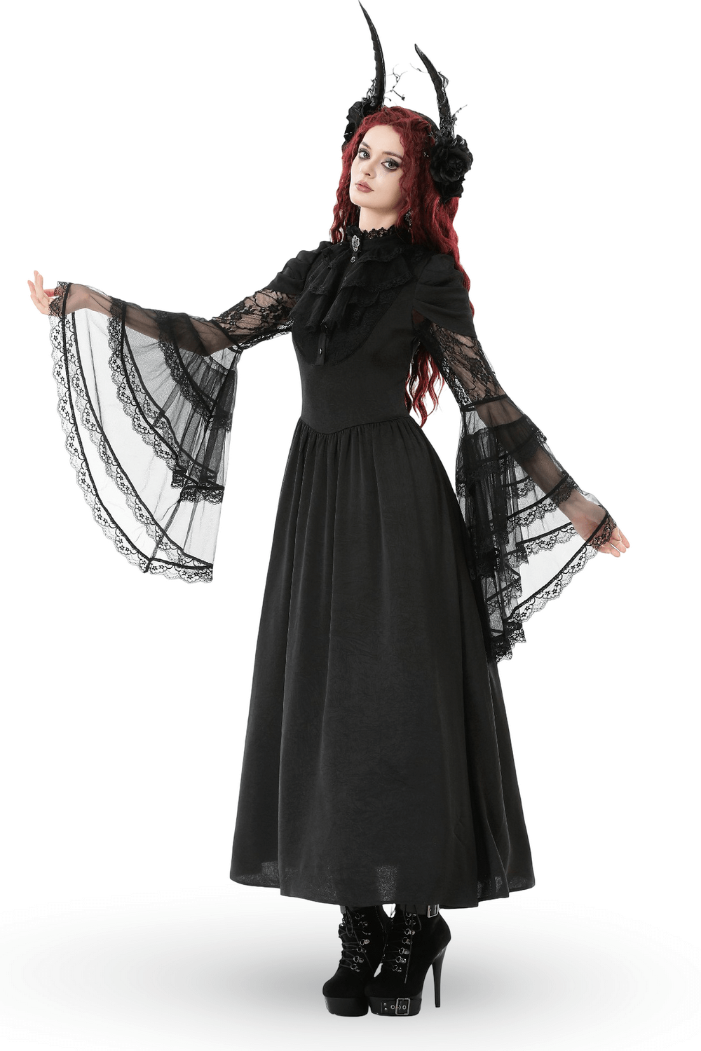 Gothic Lace Bell-Sleeve Black Dress with Corset Back showcased by a model in an enchanting pose.