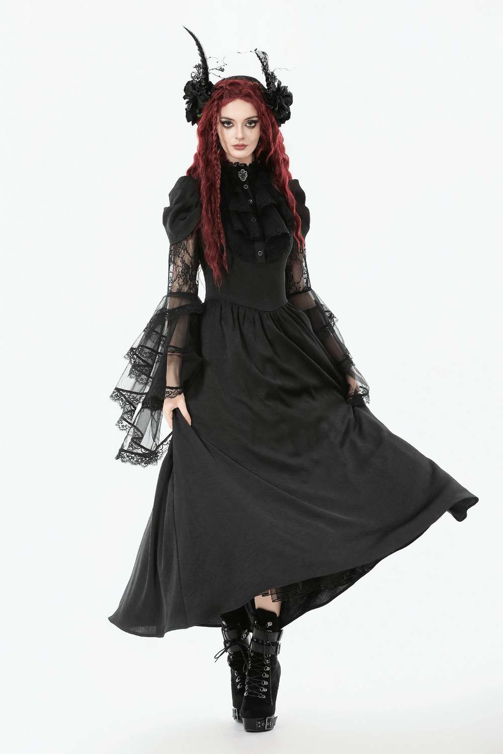 Gothic Lace Bell-Sleeve Black Dress with Corset Back worn by model with red hair and dramatic accessories.