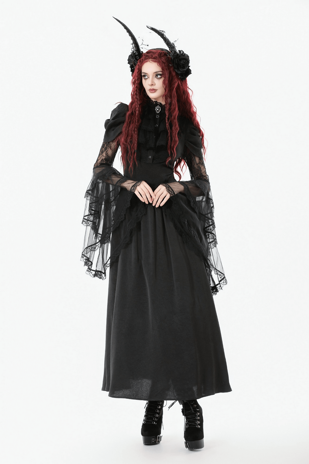 Gothic Lace Bell-Sleeve Black Dress with Corset Back worn by model with red hair and black horns.