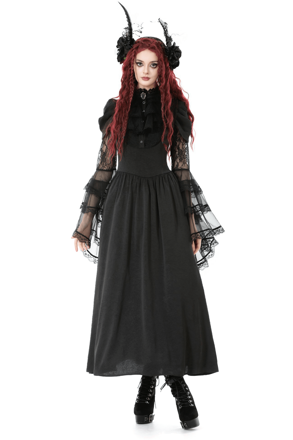 Gothic Lace Bell-Sleeve Black Dress with Corset Back displayed on a model, showcasing elegant ruffled sleeves and a dramatic look.