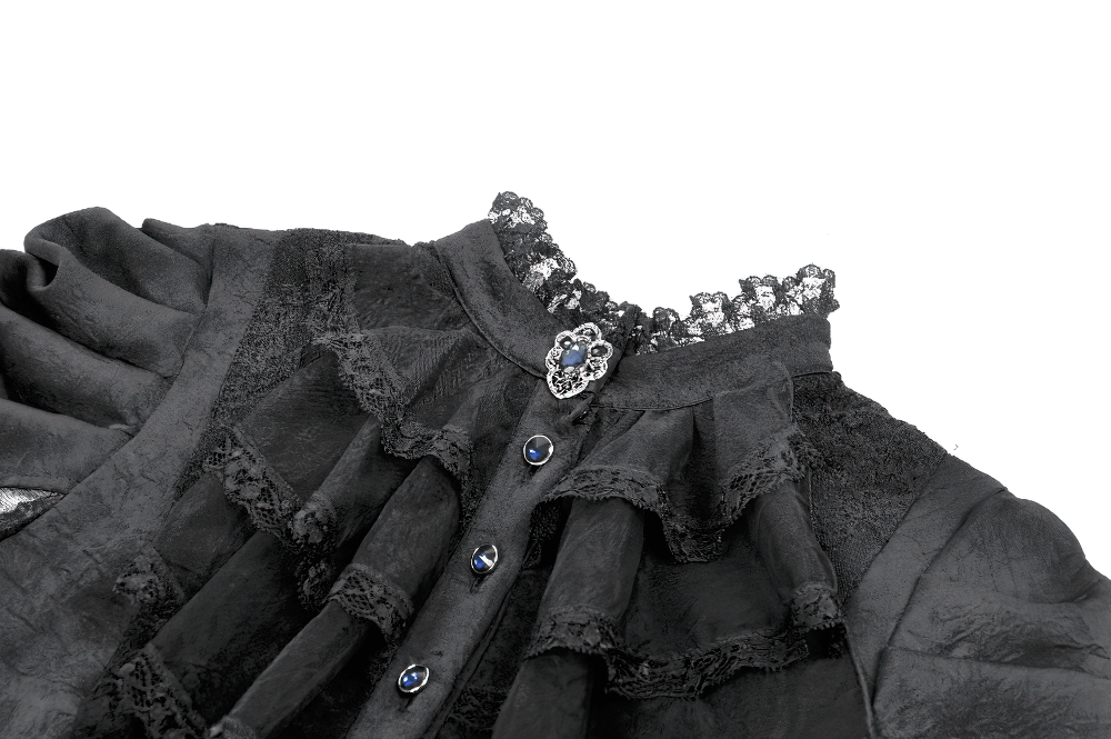 Gothic Lace Bell-Sleeve Black Dress with Corset Back featuring ruffled lace and ornate collar detail.