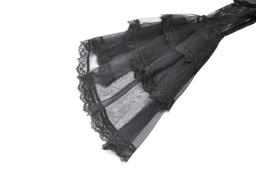 Gothic Lace Bell-Sleeve Black Dress with Corset Back featuring beautiful ruffled lace detail.