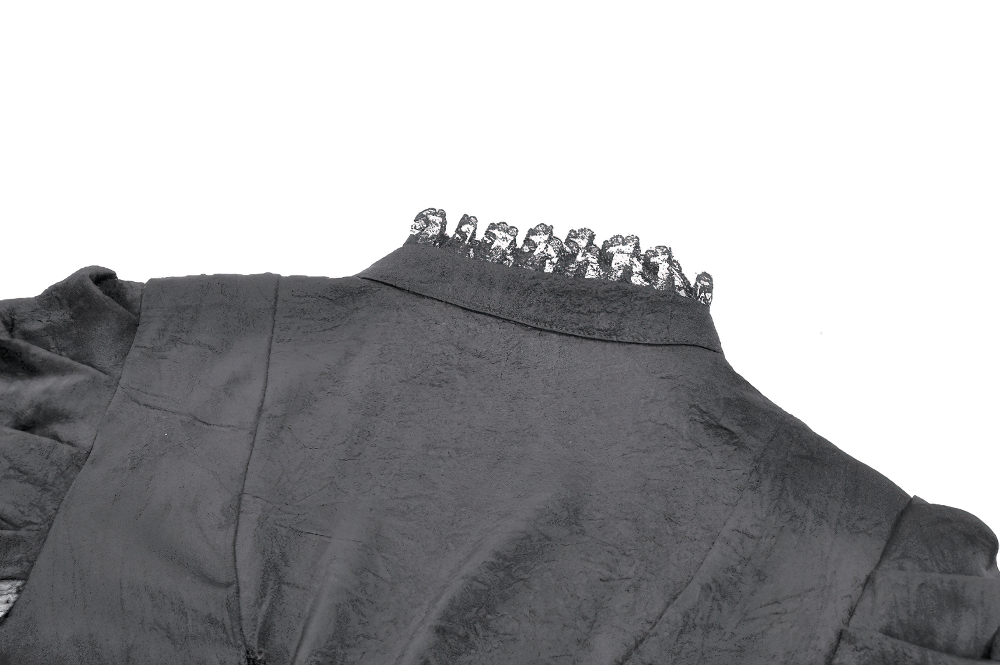 Gothic Lace Bell-Sleeve Black Dress with Corset Back high-neck collar and detailed lace design.