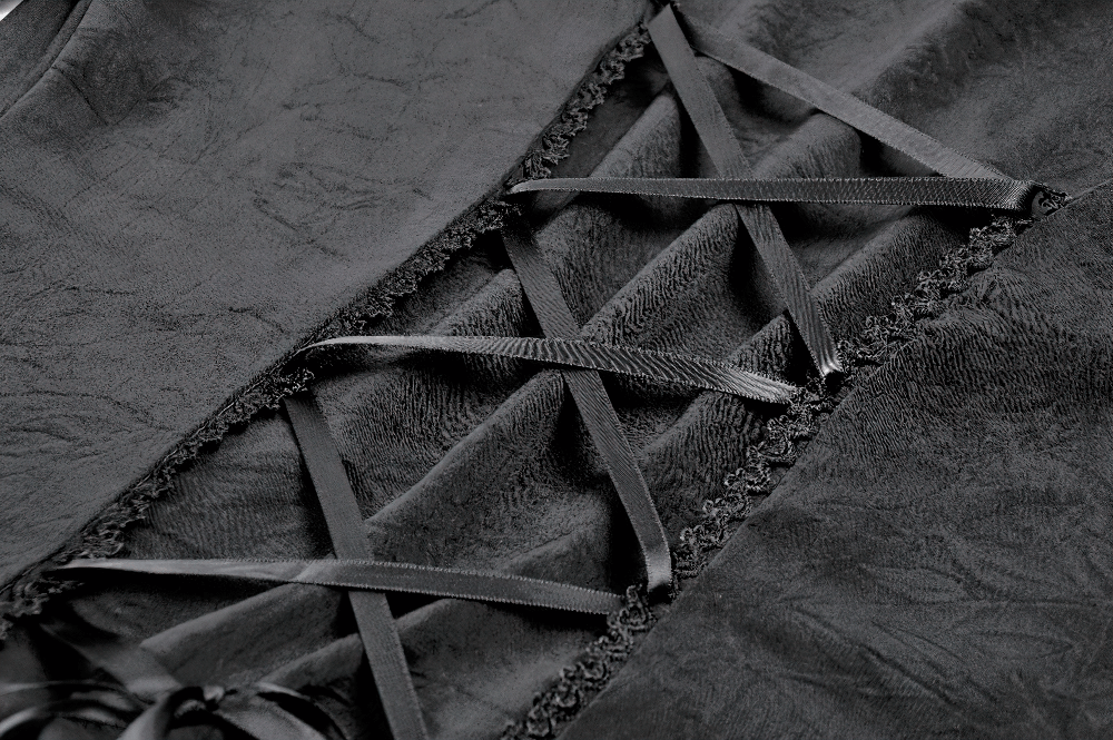 Gothic Lace Bell-Sleeve Black Dress with Corset Back lacing detail showcasing intricate design and perfect fit.