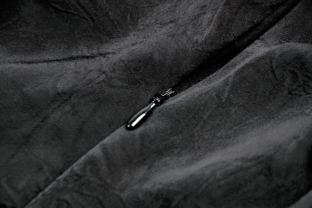 Close-up of the zipper detail on the Gothic Lace Bell-Sleeve Black Dress with Corset Back.