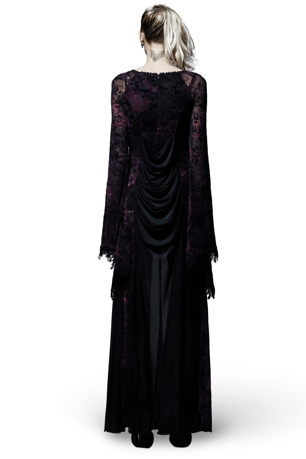 Alt Tag: Gothic Lace Bell Sleeved Maxi Dress and Sheer Mesh Inset back view with draped cowl and purple floral lace overlay