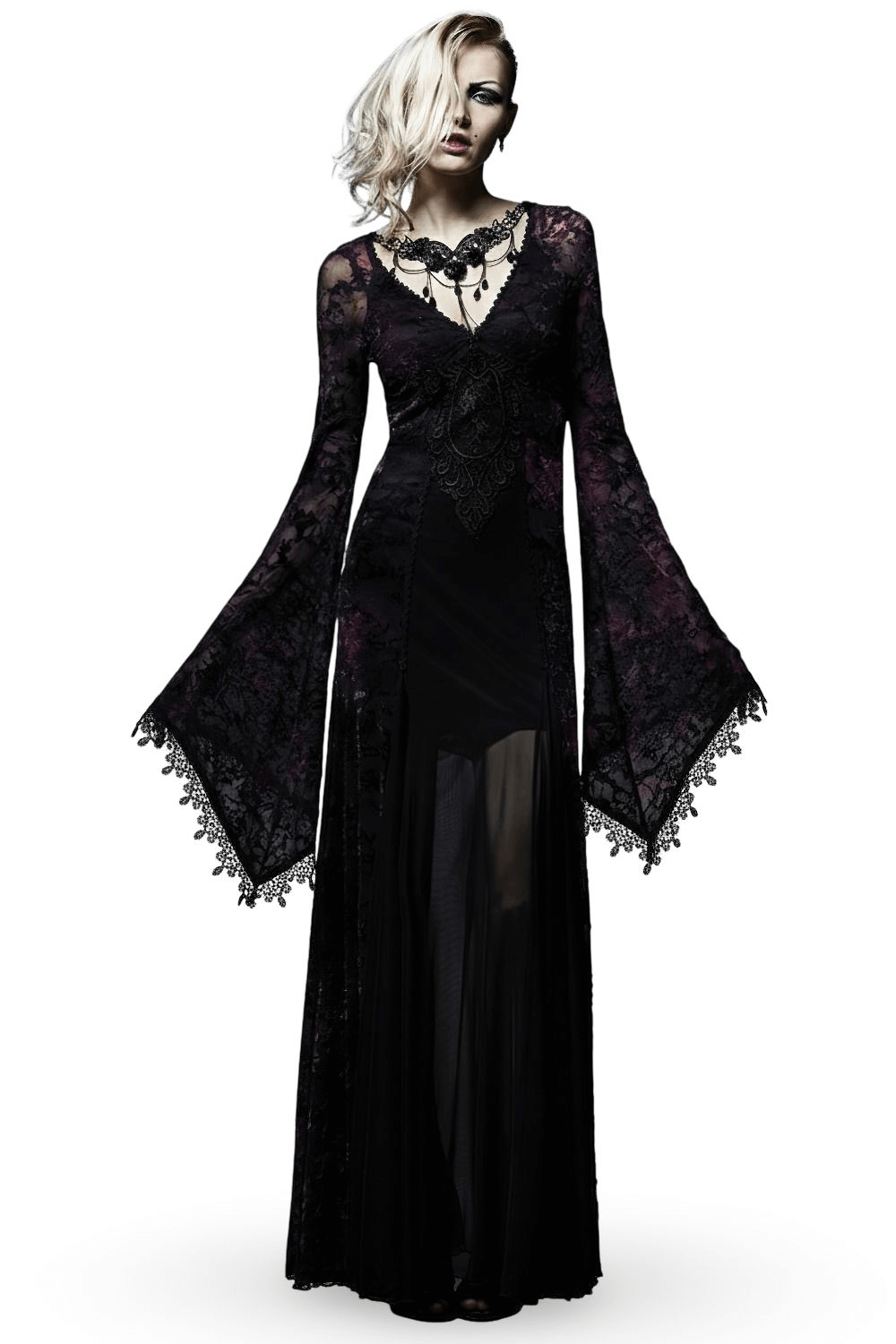 Alt Tag: Gothic Lace Bell Sleeved Maxi Dress and Sheer Mesh Inset purple floral lace gothic gown with dramatic bell sleeves and sheer panel