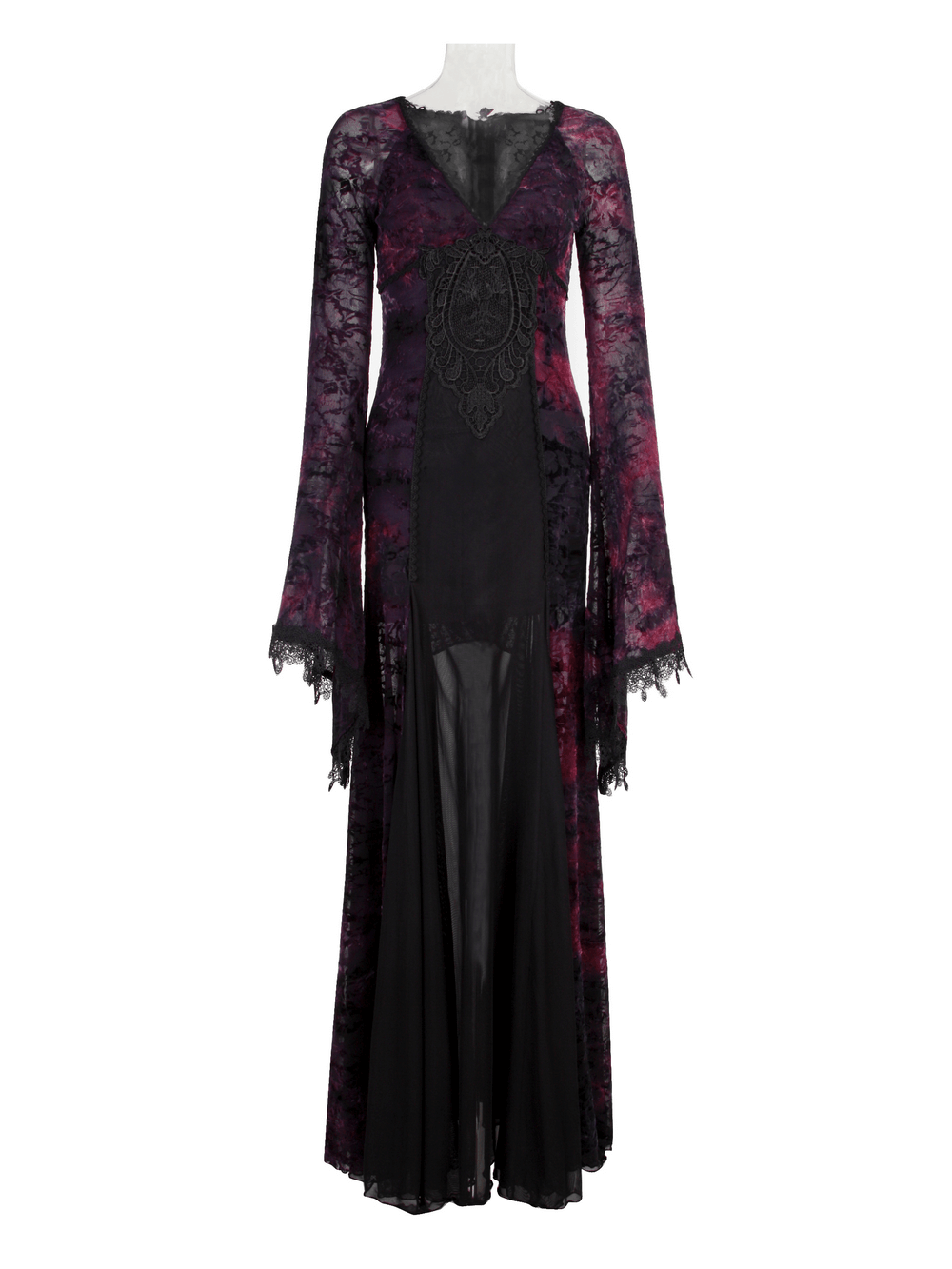 Alt Tag: Gothic Lace Bell Sleeved Maxi Dress and Sheer Mesh Inset, purple floral lace overlay, dramatic bell sleeves, embroidery front