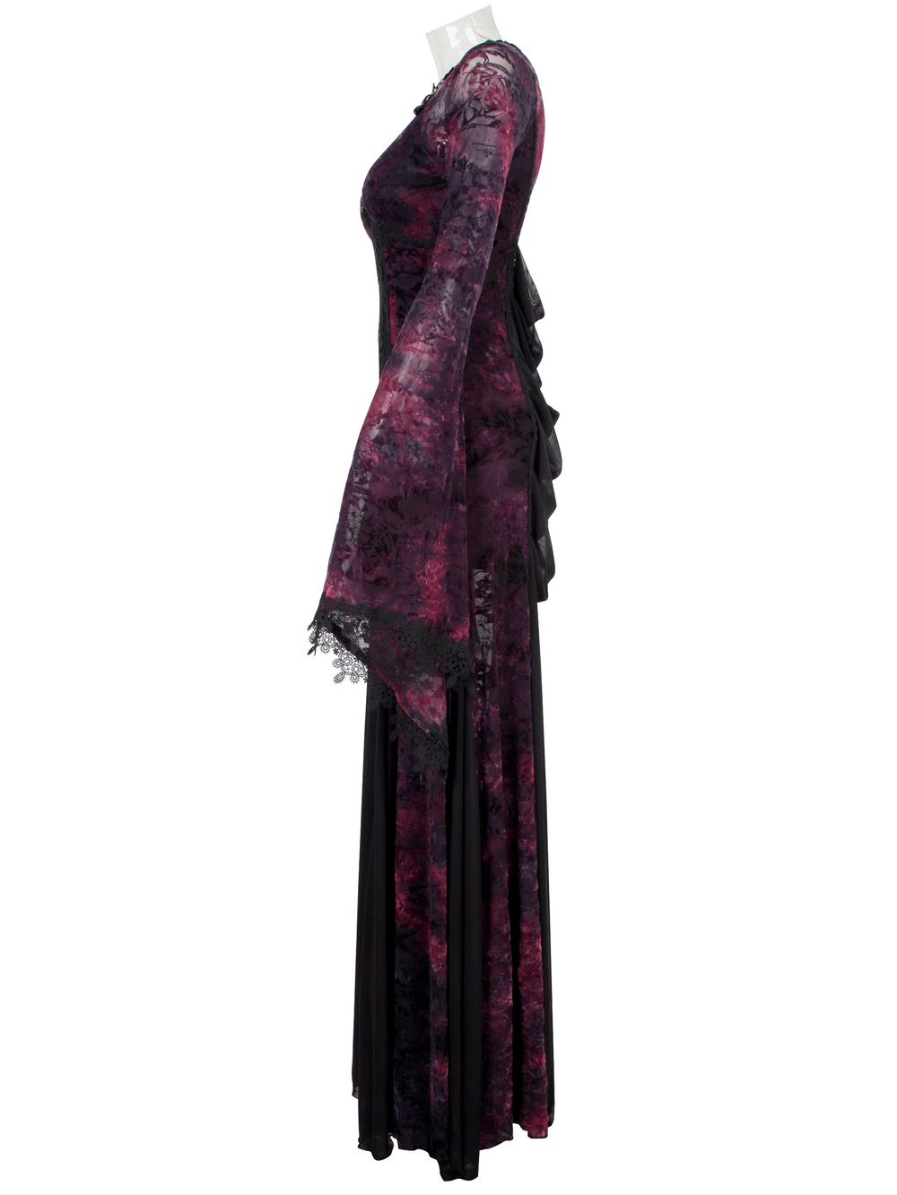 Alt Tag: Gothic Lace Bell Sleeved Maxi Dress and Sheer Mesh Inset side view, purple floral lace overlay, witchy drape back gown