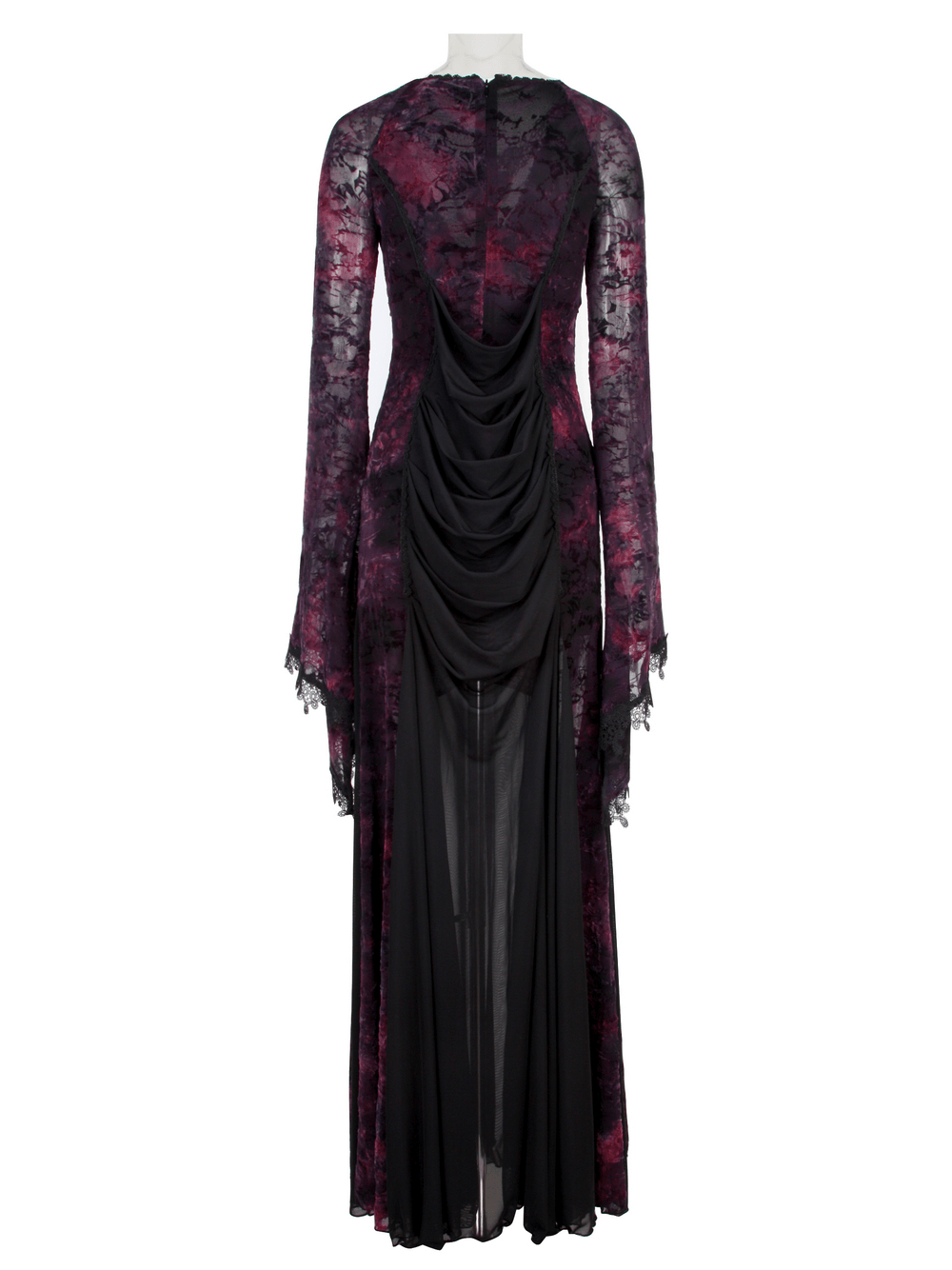 Alt Tag: Gothic Lace Bell Sleeved Maxi Dress and Sheer Mesh Inset purple floral lace overlay, dramatic bell sleeves, draped back