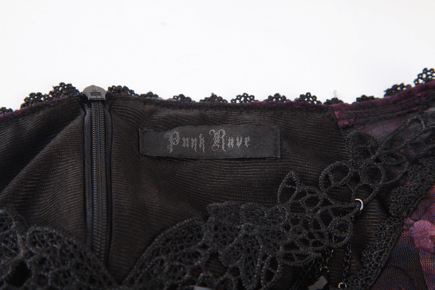 Alt Tag: Gothic Lace Bell Sleeved Maxi Dress and Sheer Mesh Inset close-up of back zipper, lace trim, and Punk Rave label