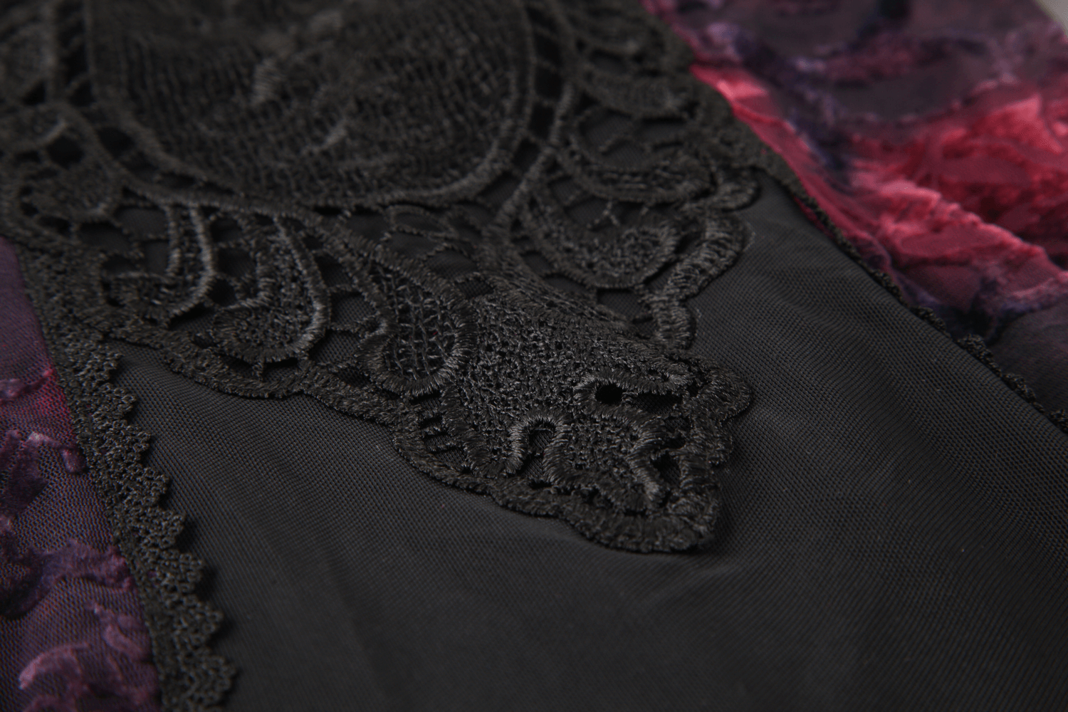 Alt Tag: Gothic Lace Bell Sleeved Maxi Dress and Sheer Mesh Inset close-up of black embroidery on sheer mesh with purple floral lace