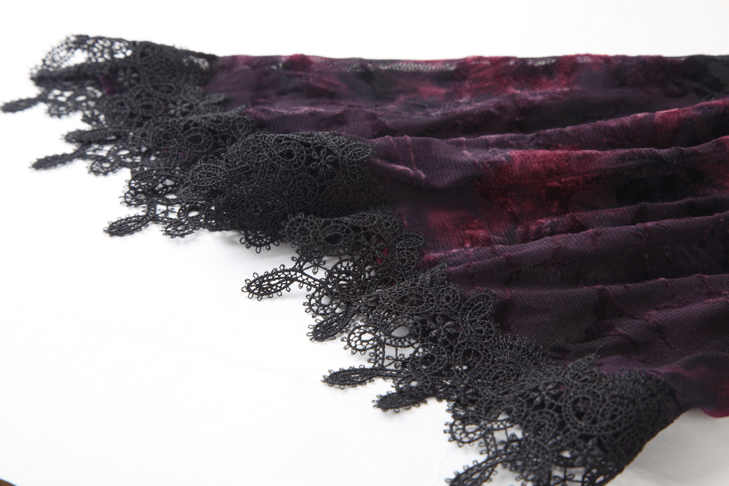 Alt Tag: Gothic Lace Bell Sleeved Maxi Dress and Sheer Mesh Inset close-up of purple floral lace fabric with black scalloped trim