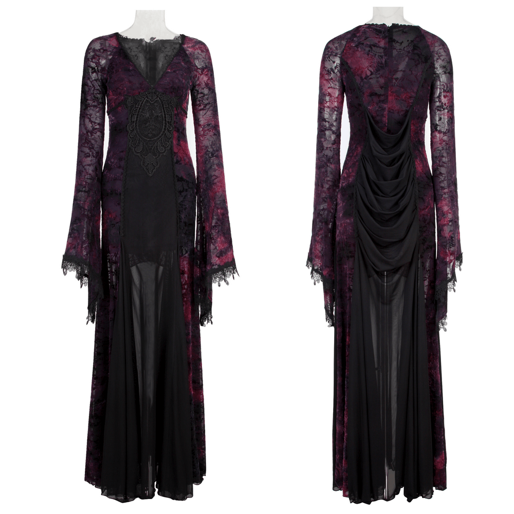 Alt Tag: Gothic Lace Bell Sleeved Maxi Dress and Sheer Mesh Inset purple floral lace overlay, dramatic bell sleeves, cowl drape back