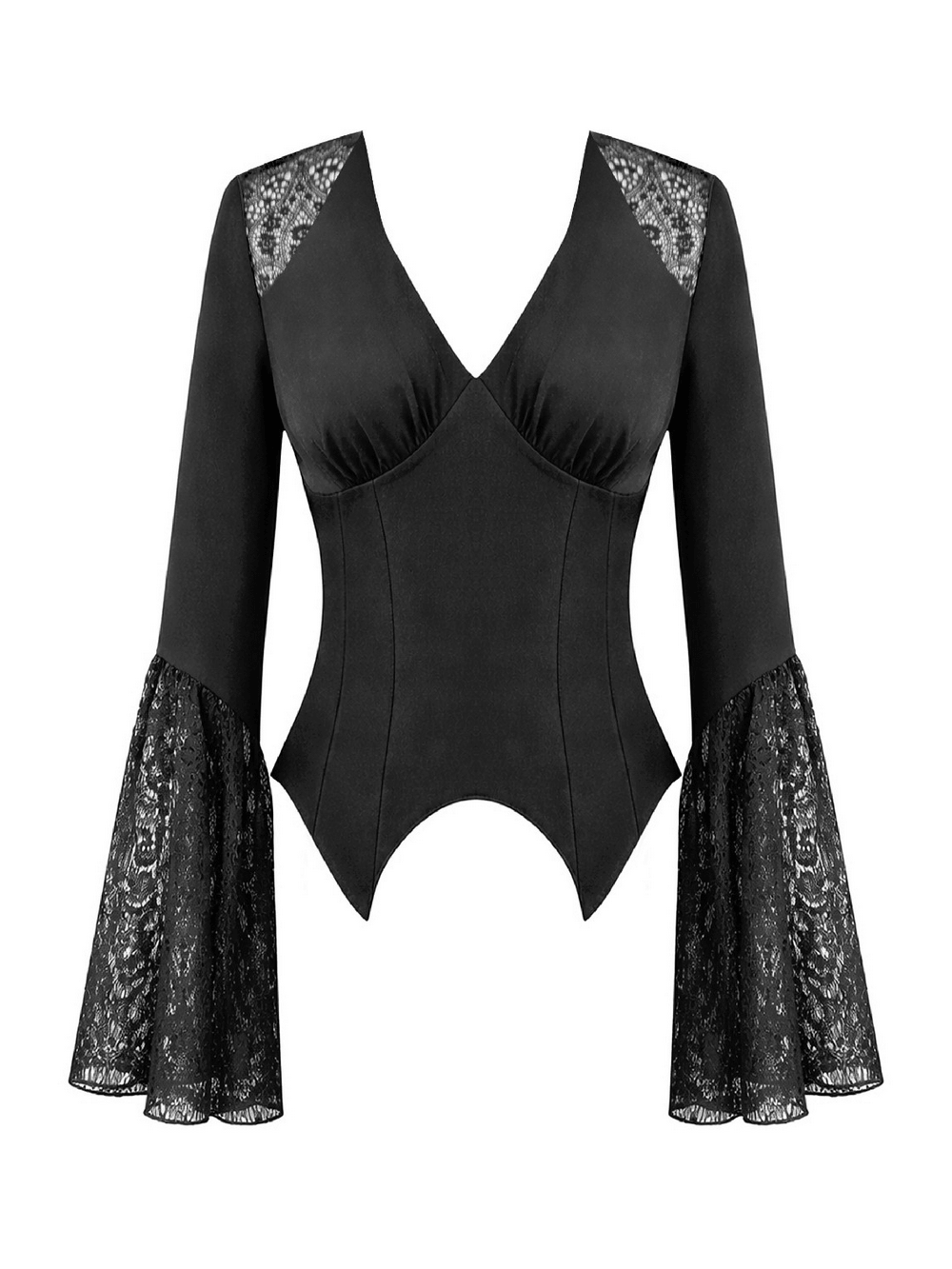 Gothic Lace Bell Sleeved Peplum Top with Deep V-Neckline