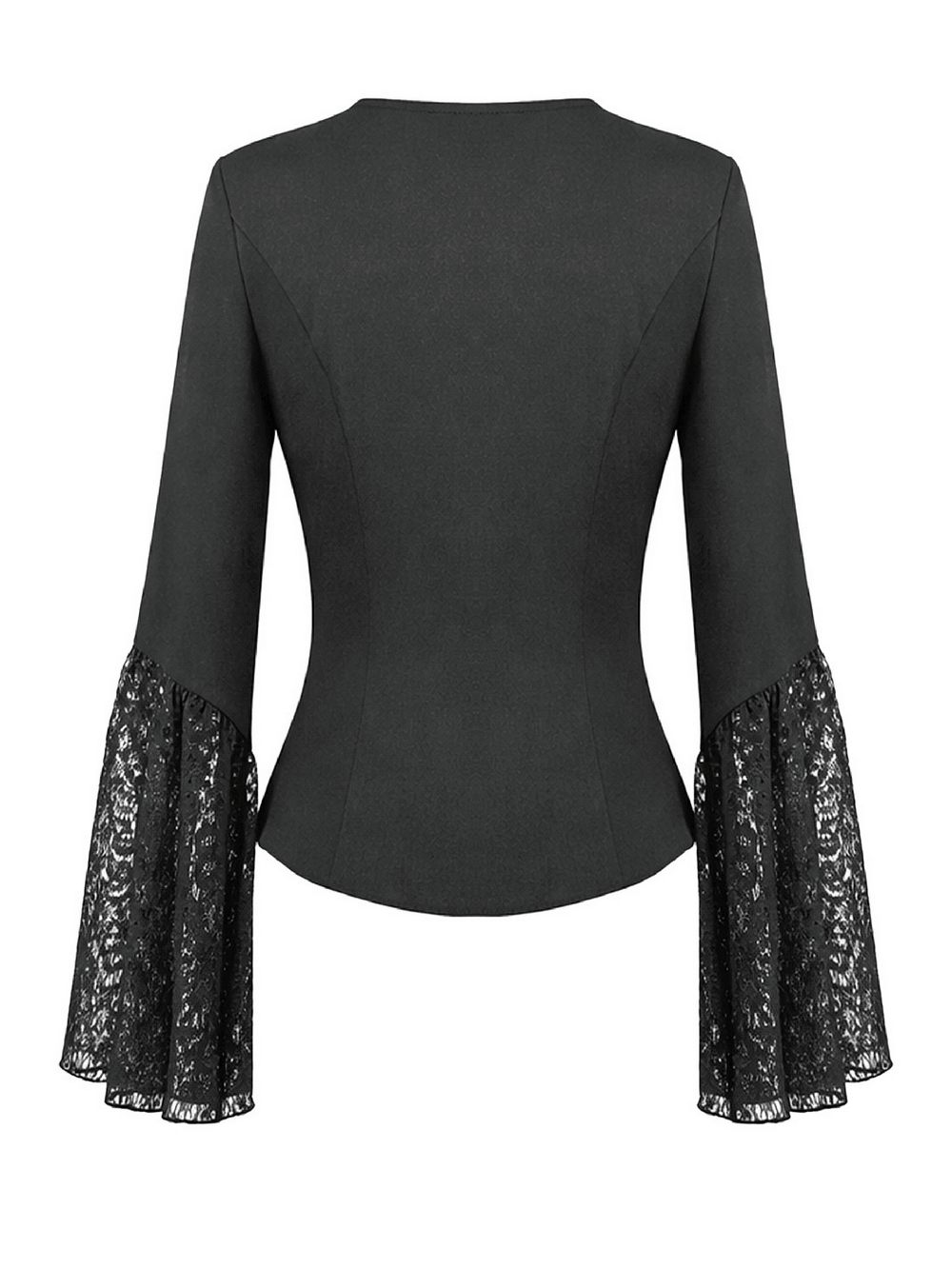 Gothic Lace Bell Sleeved Peplum Top with Deep V-Neckline