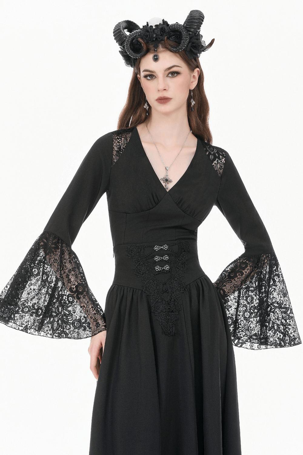 Gothic Lace Bell Sleeved Peplum Top with Deep V-Neckline