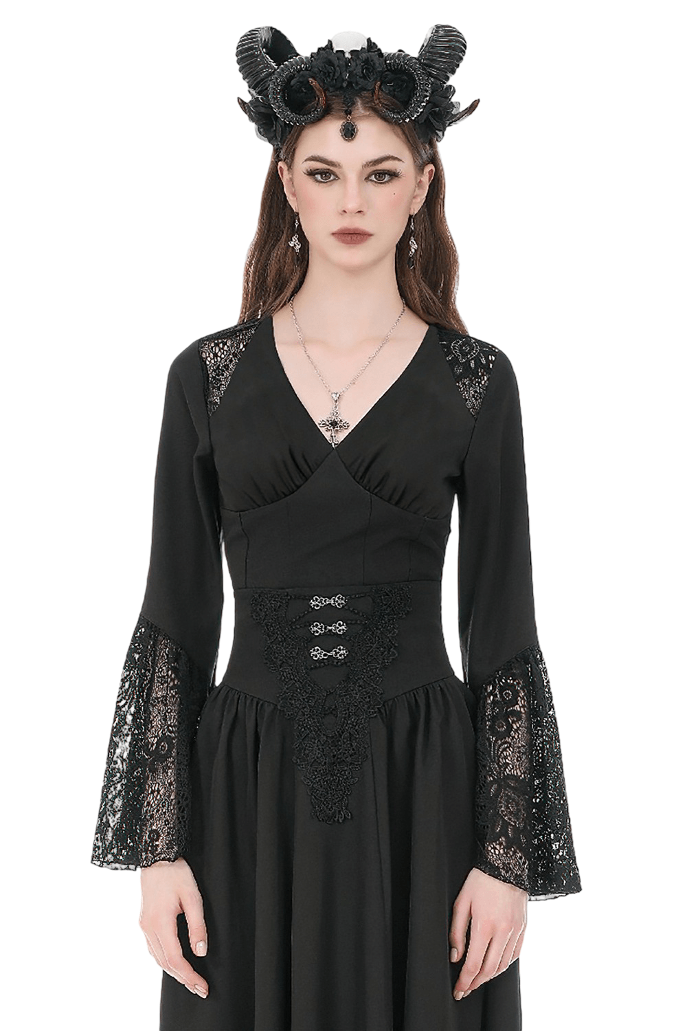 Gothic Lace Bell Sleeved Peplum Top with Deep V-Neckline