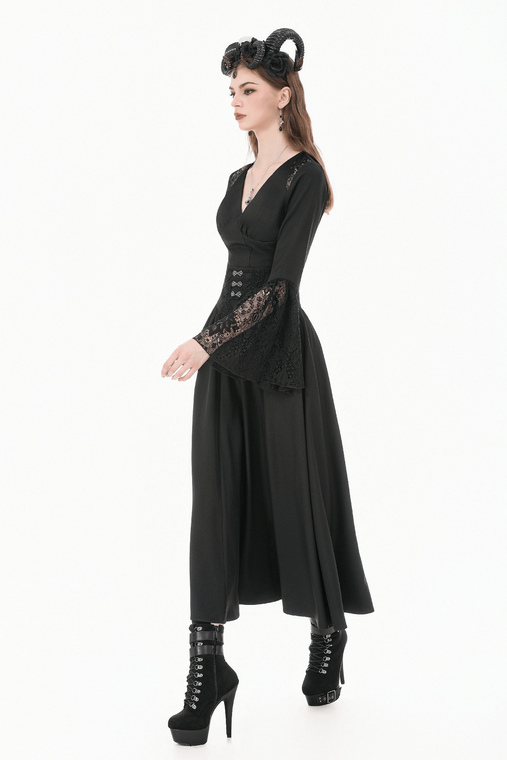 Gothic Lace Bell Sleeved Peplum Top with Deep V-Neckline