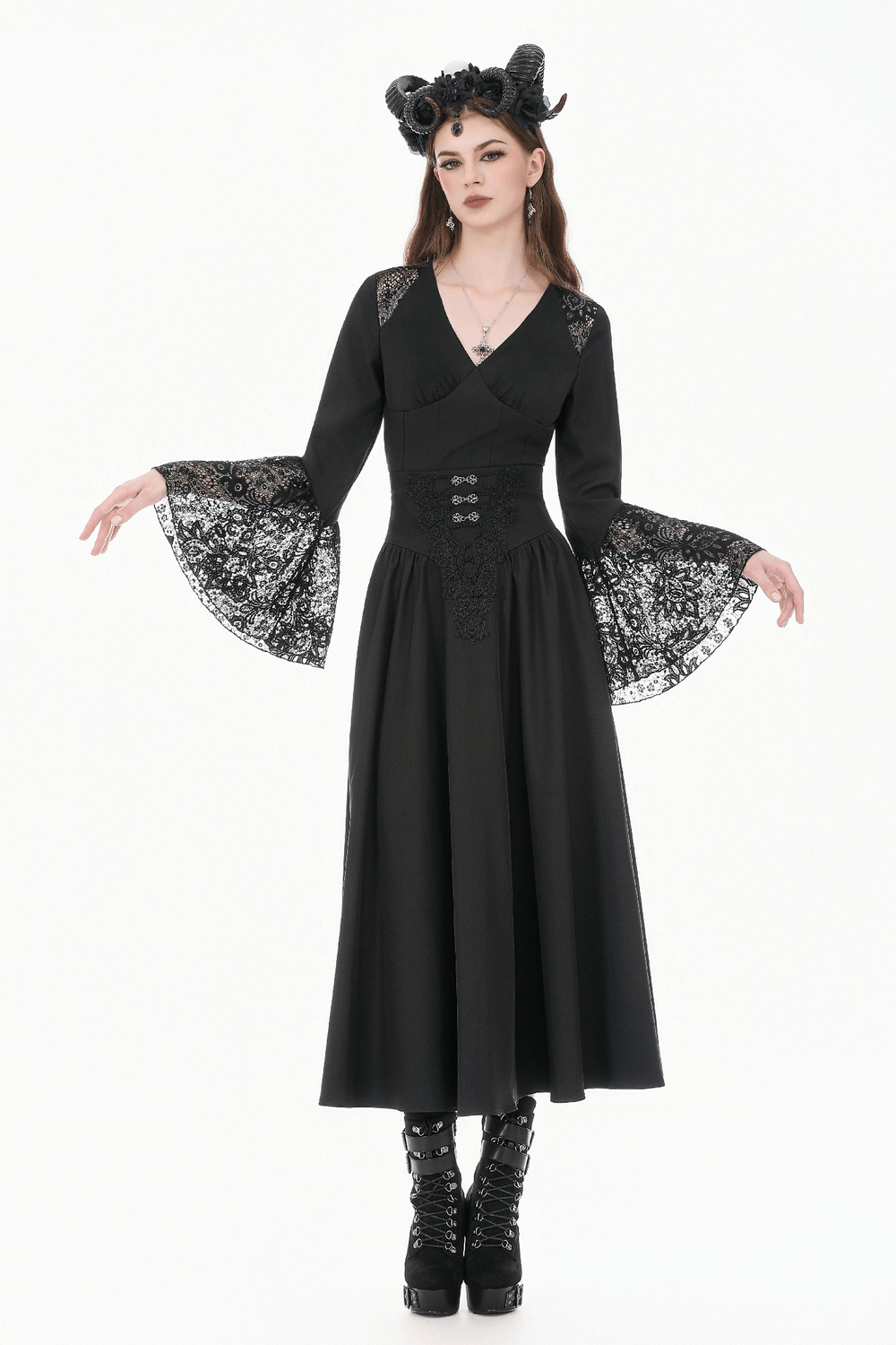 Gothic Lace Bell Sleeved Peplum Top with Deep V-Neckline