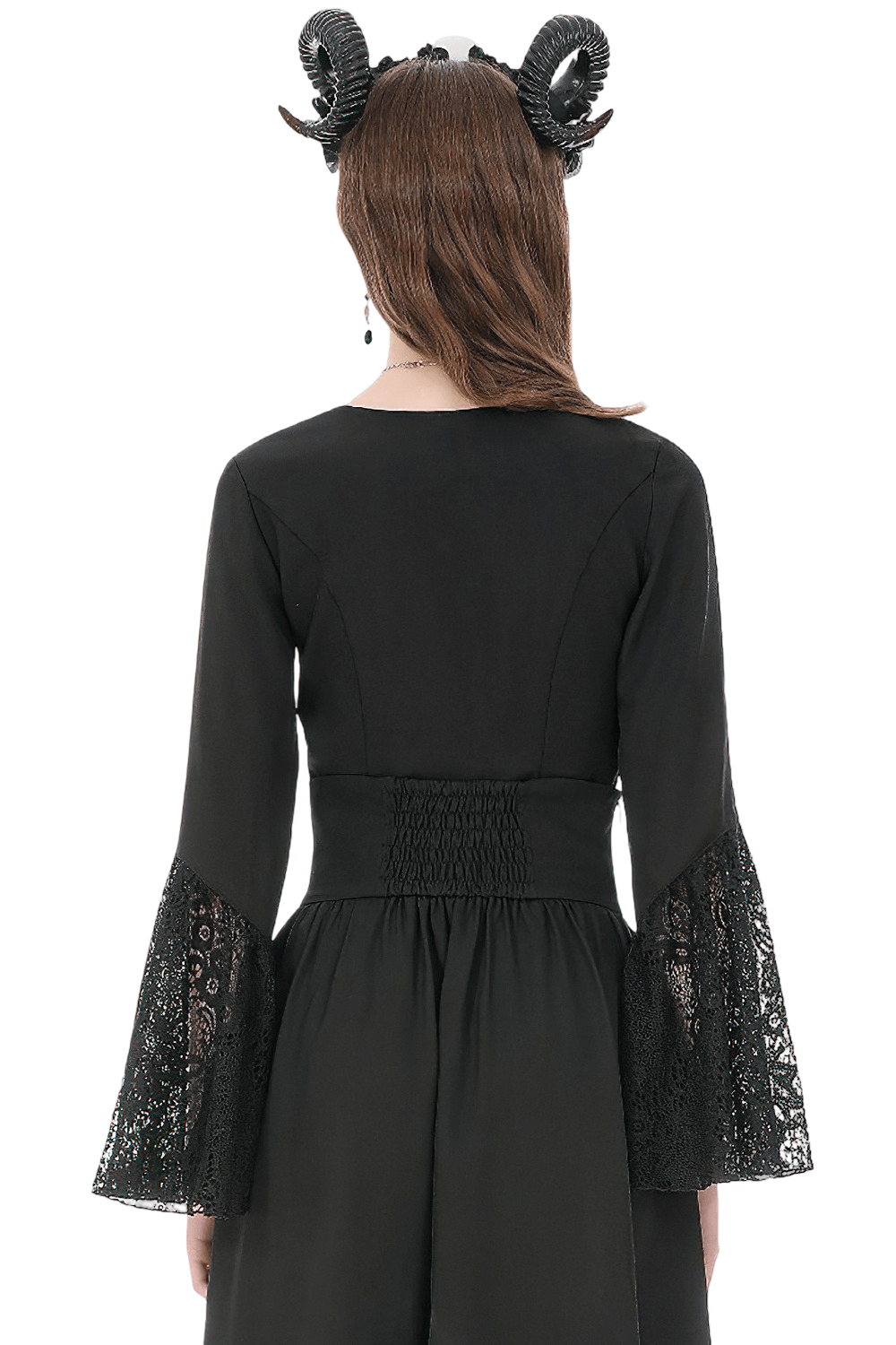Gothic Lace Bell Sleeved Peplum Top with Deep V-Neckline
