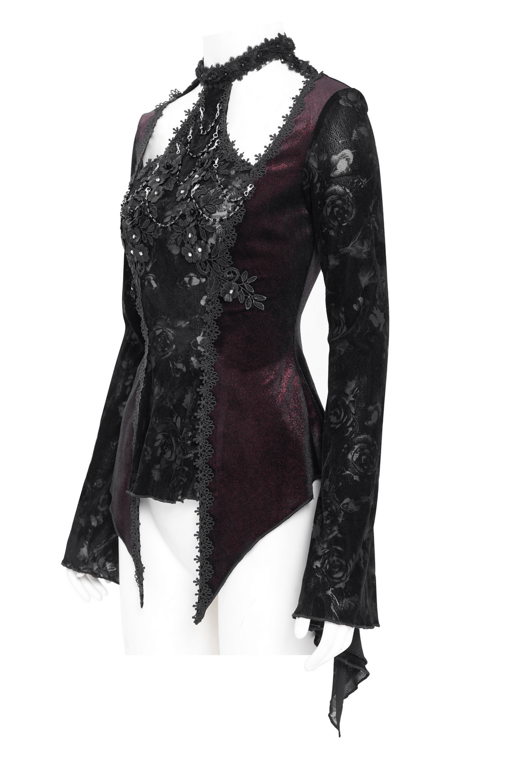 Gothic lace bell sleeved top with rose embellishments, black and burgundy Victorian-inspired design.