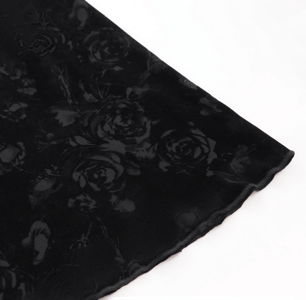 Black lace fabric with elegant rose pattern, perfect for gothic and Victorian-inspired fashion.