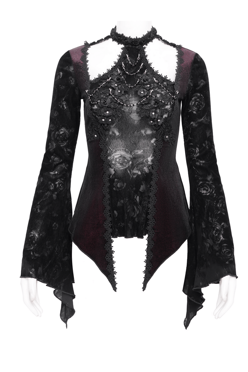Gothic lace bell sleeved top with rose embellishments and high-neck collar for a romantic, Victorian-inspired look.