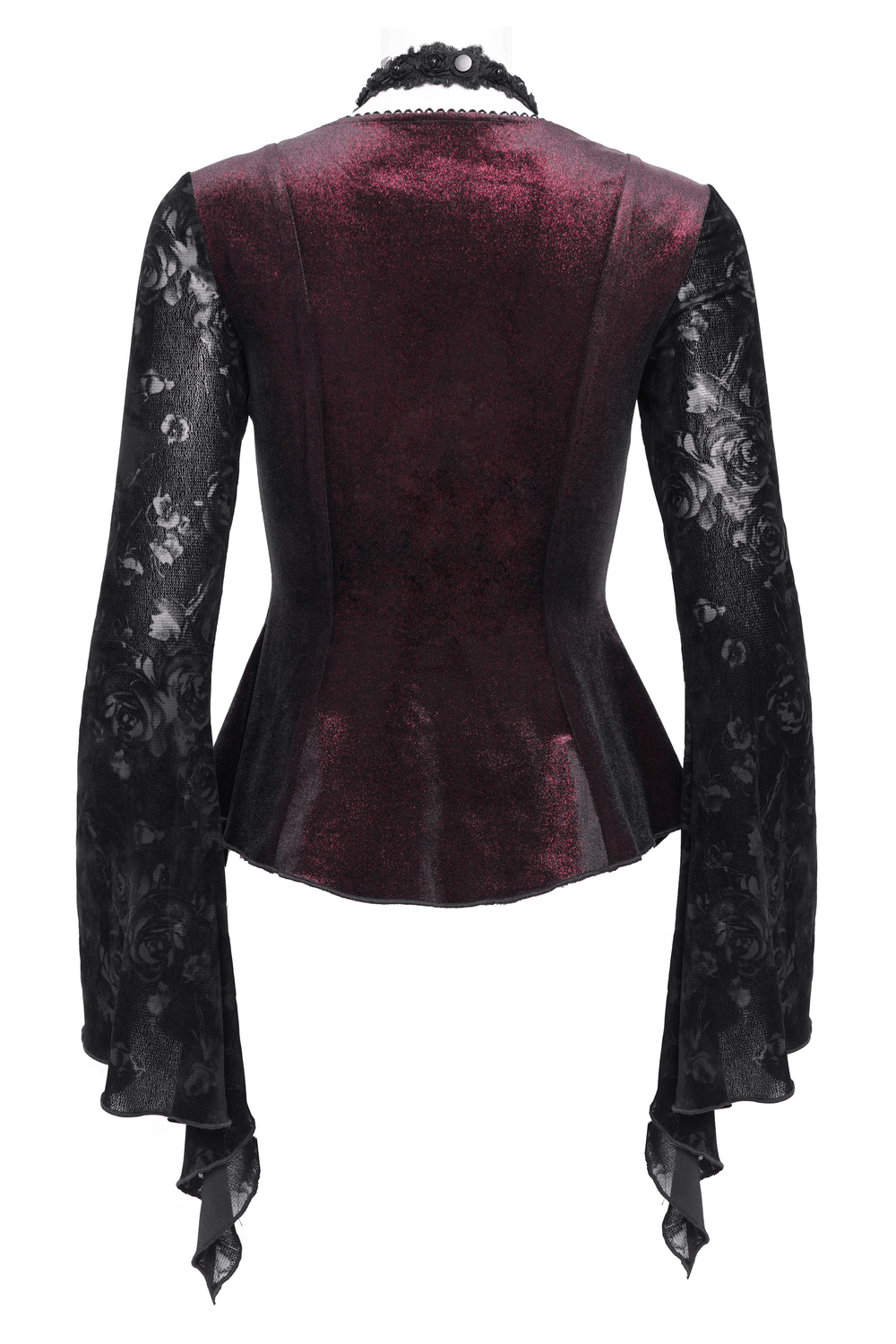 Back view of gothic lace bell sleeved top in black and dark burgundy, featuring rose patterns and elegant flared sleeves.